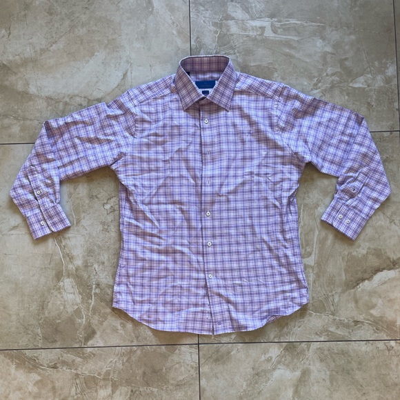 David Donahue Trim Fit Purple Plaid Dress Shirt - Picture 4 of 7